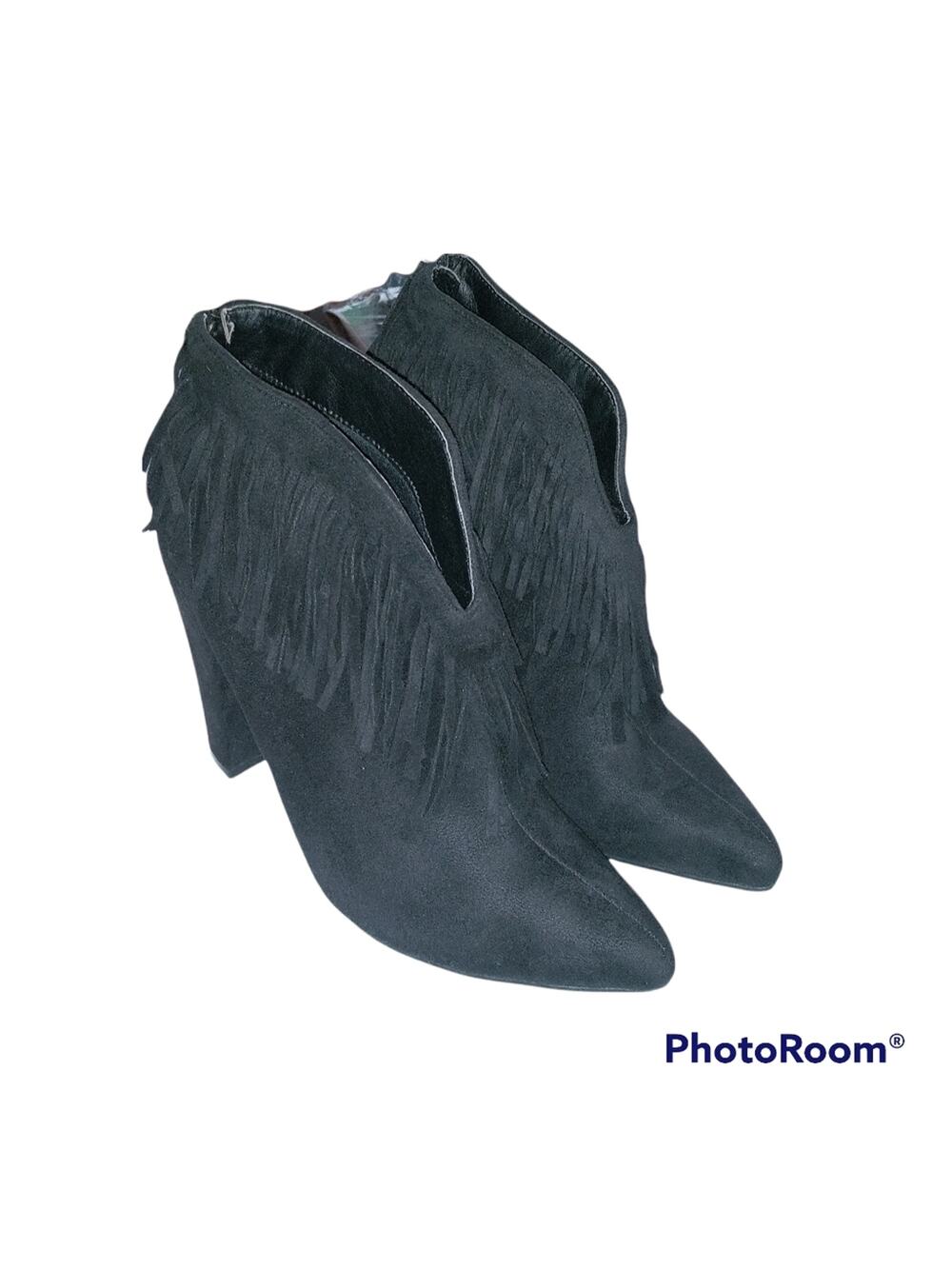 Michael Antonio Black Suede Fringe Heeled Booties Western Festival Size 8